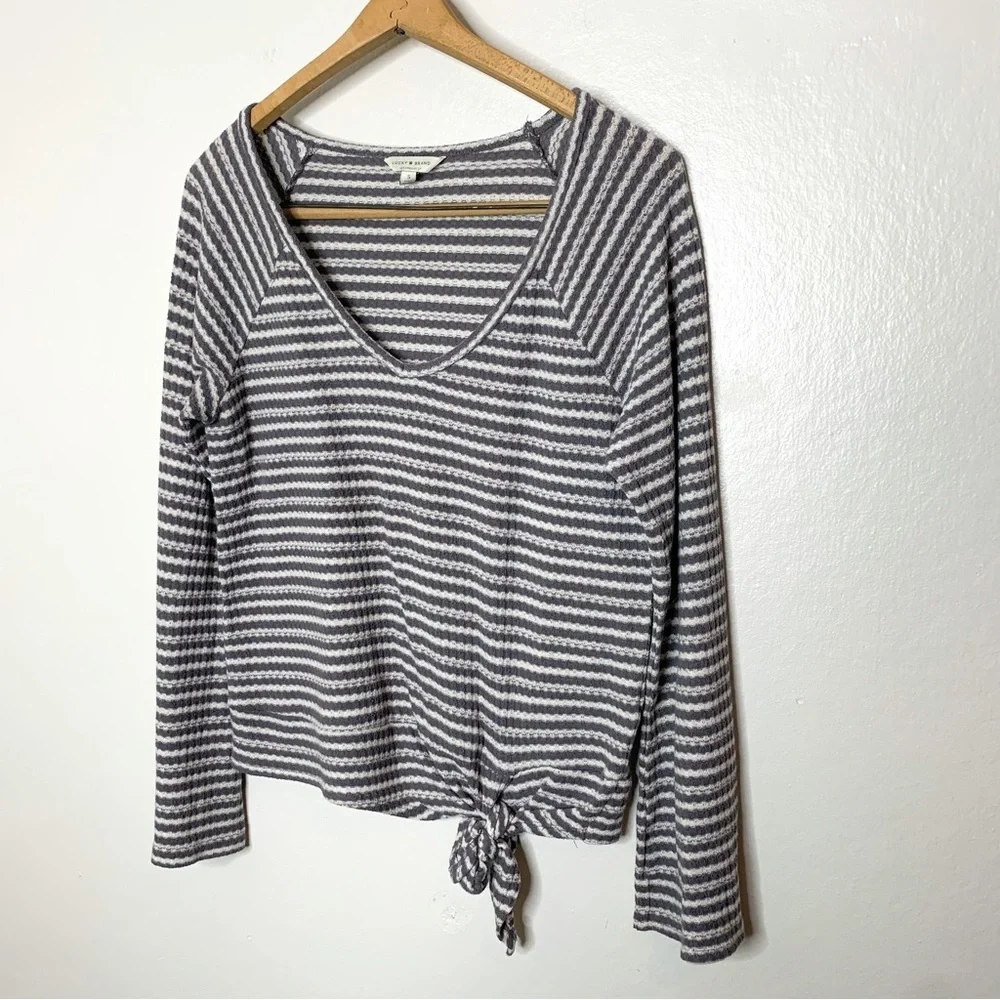 Lucky Brand Waffle Knit‎ Grey Stripe Tie Front Sweater Small S
